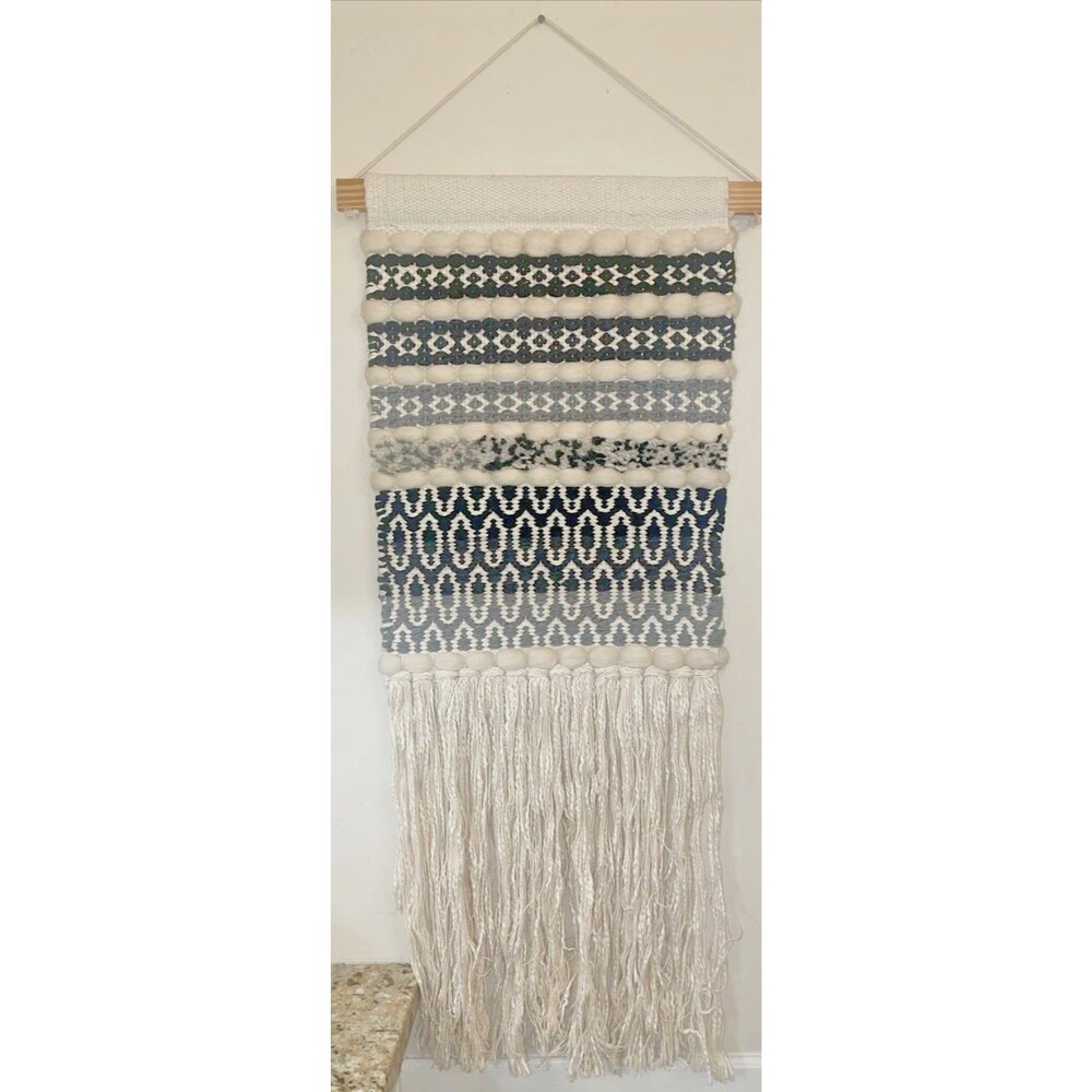 Bohemian Woven Wall Hanging Tassel Tapestry Home Wool Textile Art Decor 13”x 34”
